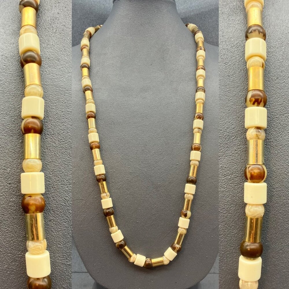Vintage Chicos Beaded Necklace 36 In Brown Gold Ivory Retro BoHo Classic Neutral